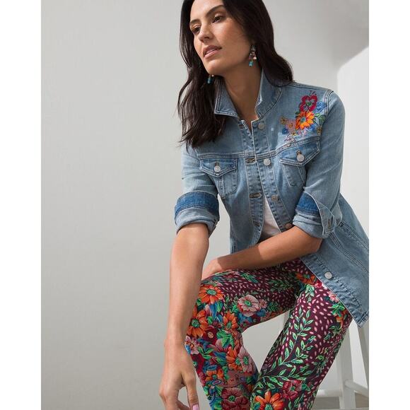 Chico's Womens Embroidered Floral Jean Jacket Shacket Stretch Welt/Chest Pockets - Picture 2 of 15